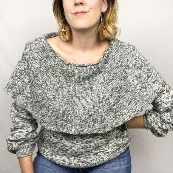 Umgee Chunky Knit Off‎ Shoulder Cowl Neck Sweater Small Collar Heathered Green - Picture 1 of 8